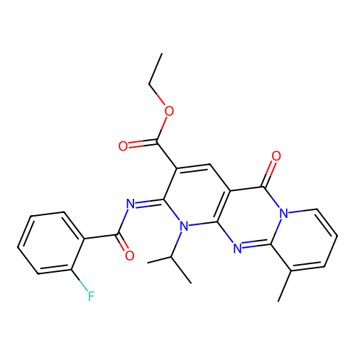 (Z)-ethyl 2-((2-fluorobenzoyl)imino)-1-isopropyl-10-methyl-5-oxo-2,5-dihydro-1H-dipyrido[1,2-a:2',3'-d]pyrimidine-3-carboxylate structure
