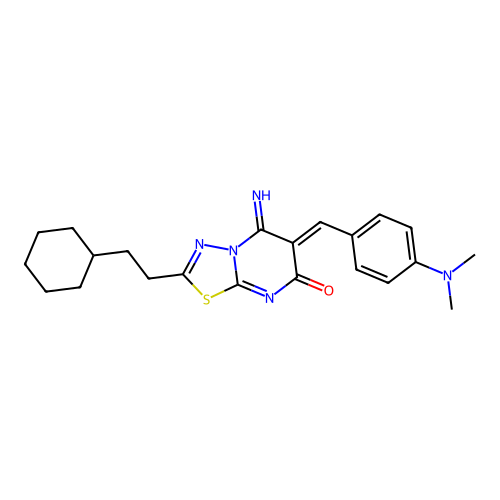 (Z)-2-(2-cyclohexylethyl)-6-(4-(dimethylamino)benzylidene)-5-imino-5H-[1,3,4]thiadiazolo[3,2-a]pyrimidin-7(6H)-one structure