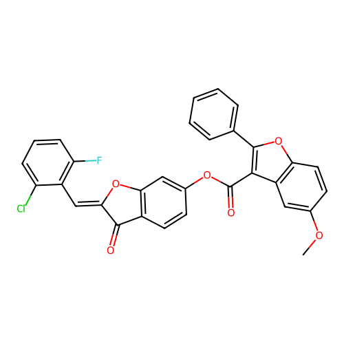 (2Z)-2-(2-chloro-6-fluorobenzylidene)-3-oxo-2,3-dihydro-1-benzofuran-6-yl 5-methoxy-2-phenyl-1-benzofuran-3-carboxylate structure