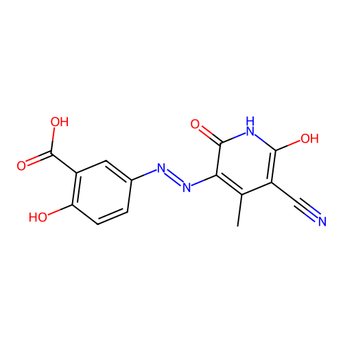 5-[(2E)-2-(5-cyano-4-methyl-2,6-dioxopyridin-3-ylidene)hydrazinyl]-2-hydroxybenzoic acid structure
