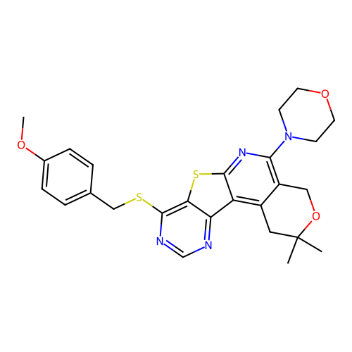 8-((4-methoxybenzyl)thio)-2,2-dimethyl-5-morpholino-2,4-dihydro-1H-pyrano[4'',3'':4',5']pyrido[3',2':4,5]thieno[3,2-d]pyrimidine structure