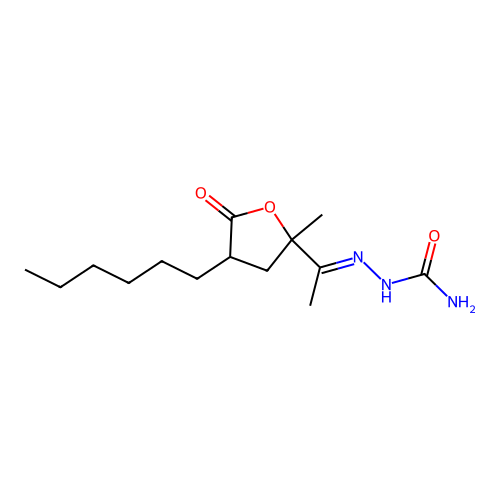 (2E)-2-[1-(4-hexyl-2-methyl-5-oxotetrahydrofuran-2-yl)ethylidene]hydrazinecarboxamide structure