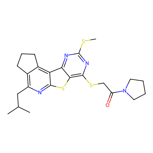2-((4-isobutyl-9-(methylthio)-2,3-dihydro-1H-cyclopenta[4',5']pyrido[3',2':4,5]thieno[3,2-d]pyrimidin-7-yl)thio)-1-(pyrrolidin-1-yl)ethanone structure