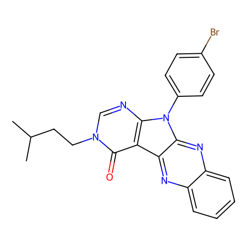 11-(4-bromophenyl)-3-(3-methylbutyl)-3,11-dihydro-4H-pyrimido[5',4':4,5]pyrrolo[2,3-b]quinoxalin-4-one structure