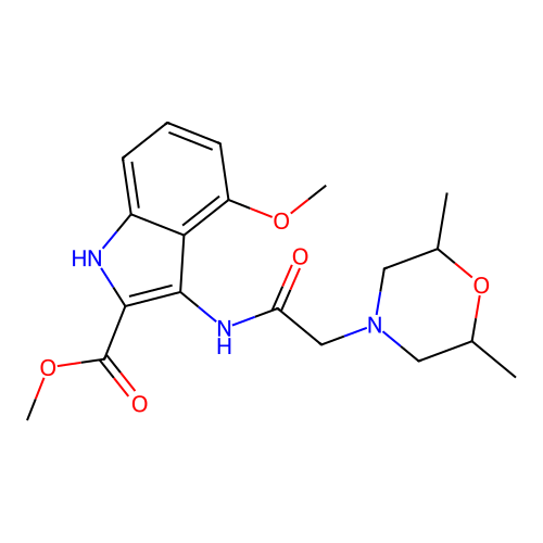 methyl 3-(2-(2,6-dimethylmorpholino)acetamido)-4-methoxy-1H-indole-2-carboxylate structure
