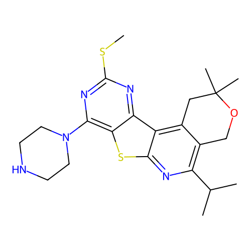 2,2-dimethyl-10-(methylsulfanyl)-8-(piperazin-1-yl)-5-(propan-2-yl)-1,4-dihydro-2H-pyrano[4'',3'':4',5']pyrido[3',2':4,5]thieno[3,2-d]pyrimidine structure