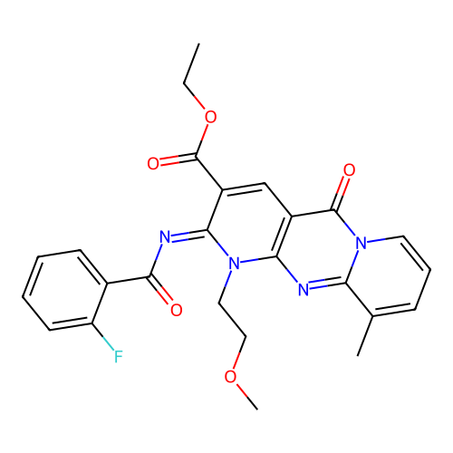 (Z)-ethyl 2-((2-fluorobenzoyl)imino)-1-(2-methoxyethyl)-10-methyl-5-oxo-2,5-dihydro-1H-dipyrido[1,2-a:2',3'-d]pyrimidine-3-carboxylate structure