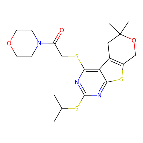 2-((2-(isopropylthio)-6,6-dimethyl-6,8-dihydro-5H-pyrano[4',3':4,5]thieno[2,3-d]pyrimidin-4-yl)thio)-1-morpholinoethanone structure