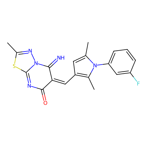 (E)-6-((1-(3-fluorophenyl)-2,5-dimethyl-1H-pyrrol-3-yl)methylene)-5-imino-2-methyl-5H-[1,3,4]thiadiazolo[3,2-a]pyrimidin-7(6H)-one structure