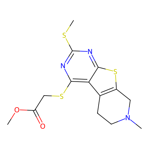 methyl {[7-methyl-2-(methylsulfanyl)-5,6,7,8-tetrahydropyrido[4',3':4,5]thieno[2,3-d]pyrimidin-4-yl]sulfanyl}acetate structure