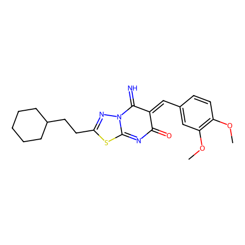 (Z)-2-(2-cyclohexylethyl)-6-(3,4-dimethoxybenzylidene)-5-imino-5H-[1,3,4]thiadiazolo[3,2-a]pyrimidin-7(6H)-one structure