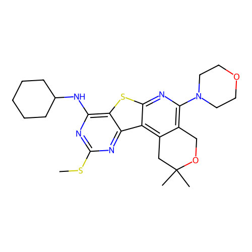 N-cyclohexyl-2,2-dimethyl-10-(methylsulfanyl)-5-(morpholin-4-yl)-1,4-dihydro-2H-pyrano[4'',3'':4',5']pyrido[3',2':4,5]thieno[3,2-d]pyrimidin-8-amine structure