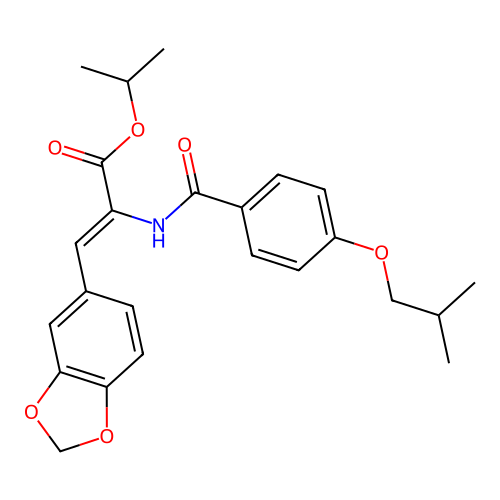 (Z)-isopropyl 3-(benzo[d][1,3]dioxol-5-yl)-2-(4-isobutoxybenzamido)acrylate structure