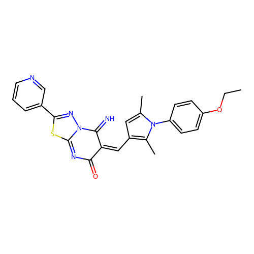(E)-6-((1-(4-ethoxyphenyl)-2,5-dimethyl-1H-pyrrol-3-yl)methylene)-5-imino-2-(pyridin-3-yl)-5H-[1,3,4]thiadiazolo[3,2-a]pyrimidin-7(6H)-one structure