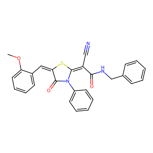 (2E)-N-benzyl-2-cyano-2-[(5E)-5-[(2-methoxyphenyl)methylidene]-4-oxo-3-phenyl-1,3-thiazolidin-2-ylidene]acetamide structure