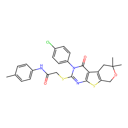 2-((3-(4-chlorophenyl)-6,6-dimethyl-4-oxo-4,5,6,8-tetrahydro-3H-pyrano[4',3':4,5]thieno[2,3-d]pyrimidin-2-yl)thio)-N-(p-tolyl)acetamide structure