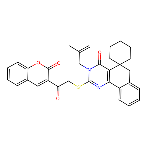 3-(2-methylprop-2-en-1-yl)-2-{[2-oxo-2-(2-oxo-2H-chromen-3-yl)ethyl]sulfanyl}-3H-spiro[benzo[h]quinazoline-5,1'-cyclohexan]-4(6H)-one structure