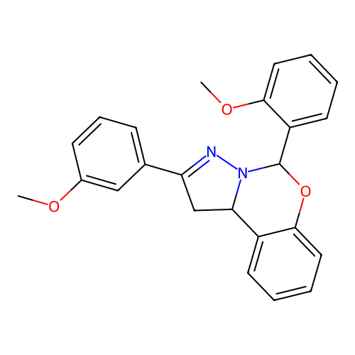 5-(2-methoxyphenyl)-2-(3-methoxyphenyl)-1,10b-dihydropyrazolo[1,5-c][1,3]benzoxazine structure