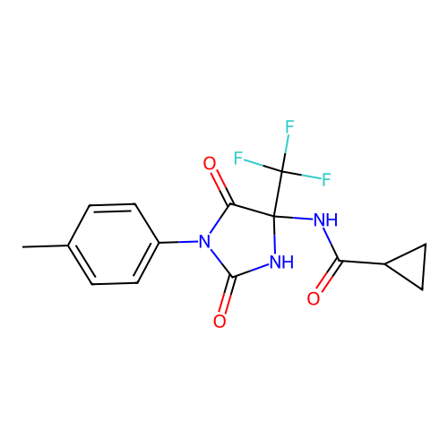 Cyclopropanecarboxylic acid (2,5-dioxo-1-p-tolyl-4-trifluoromethyl-imidazolidin-4-yl)-amide structure