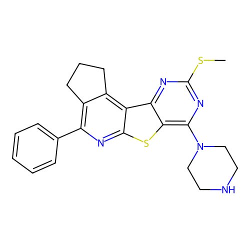 9-(methylsulfanyl)-4-phenyl-7-(piperazin-1-yl)-2,3-dihydro-1H-cyclopenta[4',5']pyrido[3',2':4,5]thieno[3,2-d]pyrimidine structure