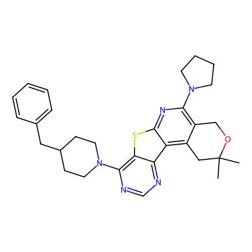 8-(4-benzylpiperidin-1-yl)-2,2-dimethyl-5-(pyrrolidin-1-yl)-1,4-dihydro-2H-pyrano[4'',3'':4',5']pyrido[3',2':4,5]thieno[3,2-d]pyrimidine structure