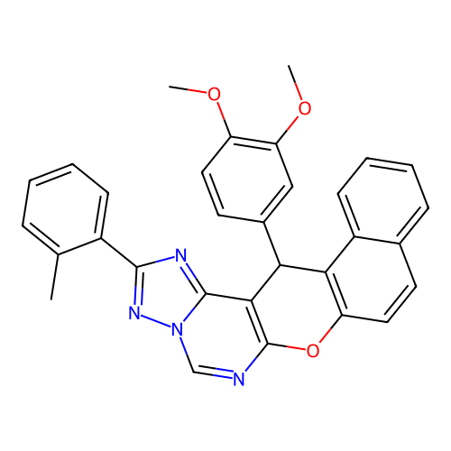14-(3,4-dimethoxyphenyl)-2-(2-methylphenyl)-14H-benzo[5,6]chromeno[3,2-e][1,2,4]triazolo[1,5-c]pyrimidine structure