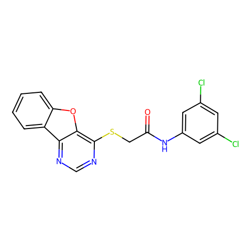 2-([1]benzofuro[3,2-d]pyrimidin-4-ylsulfanyl)-N-(3,5-dichlorophenyl)acetamide structure