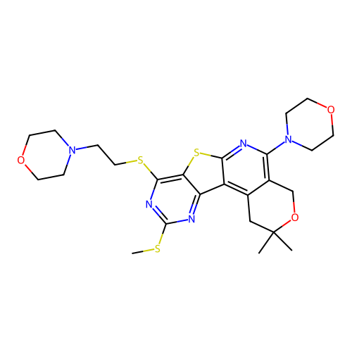 2,2-dimethyl-10-(methylsulfanyl)-5-(morpholin-4-yl)-8-{[2-(morpholin-4-yl)ethyl]sulfanyl}-1,4-dihydro-2H-pyrano[4'',3'':4',5']pyrido[3',2':4,5]thieno[3,2-d]pyrimidine structure
