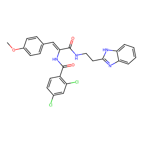 (Z)-N-(3-((2-(1H-benzo[d]imidazol-2-yl)ethyl)amino)-1-(4-methoxyphenyl)-3-oxoprop-1-en-2-yl)-2,4-dichlorobenzamide structure