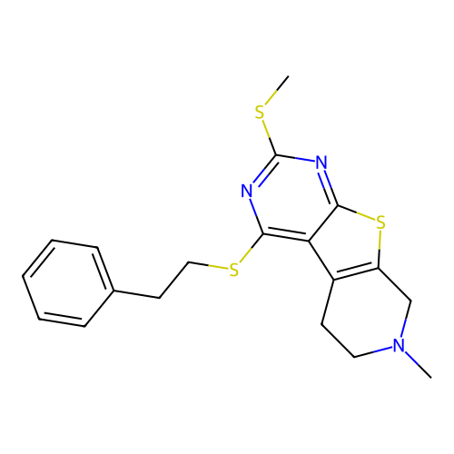 7-methyl-2-(methylsulfanyl)-4-[(2-phenylethyl)sulfanyl]-5,6,7,8-tetrahydropyrido[4',3':4,5]thieno[2,3-d]pyrimidine structure
