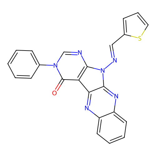 (E)-3-phenyl-11-((thiophen-2-ylmethylene)amino)-3H-pyrimido[5',4':4,5]pyrrolo[2,3-b]quinoxalin-4(11H)-one structure