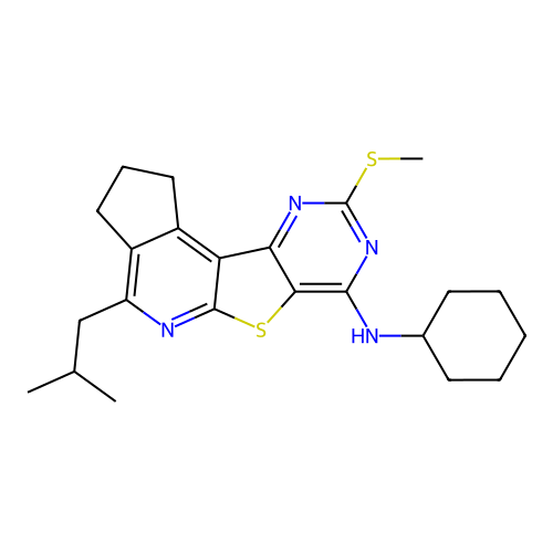 N-cyclohexyl-4-(2-methylpropyl)-9-(methylsulfanyl)-2,3-dihydro-1H-cyclopenta[4',5']pyrido[3',2':4,5]thieno[3,2-d]pyrimidin-7-amine structure