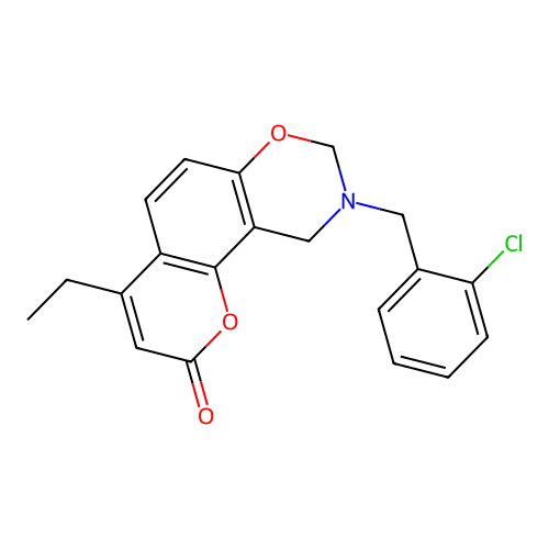 9-(2-chlorobenzyl)-4-ethyl-9,10-dihydro-2H,8H-chromeno[8,7-e][1,3]oxazin-2-one structure