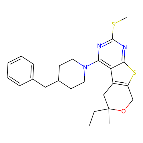 4-(4-benzylpiperidin-1-yl)-6-ethyl-6-methyl-2-(methylsulfanyl)-5,8-dihydro-6H-pyrano[4',3':4,5]thieno[2,3-d]pyrimidine structure