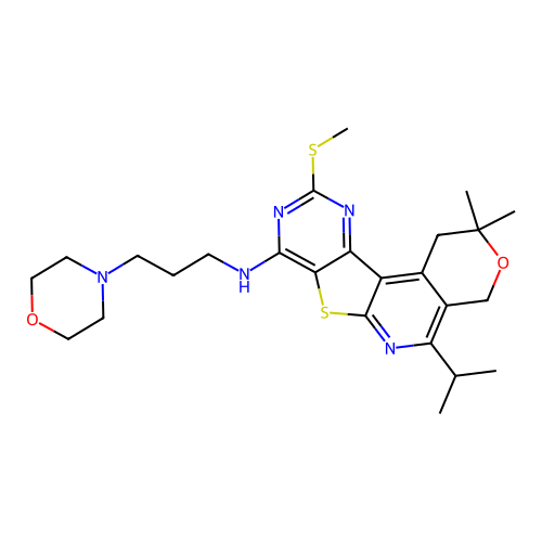 2,2-dimethyl-10-(methylsulfanyl)-N-[3-(morpholin-4-yl)propyl]-5-(propan-2-yl)-1,4-dihydro-2H-pyrano[4'',3'':4',5']pyrido[3',2':4,5]thieno[3,2-d]pyrimidin-8-amine structure