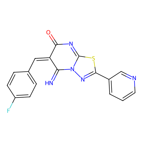 (6E)-6-(4-fluorobenzylidene)-5-imino-2-(pyridin-3-yl)-5,6-dihydro-7H-[1,3,4]thiadiazolo[3,2-a]pyrimidin-7-one structure