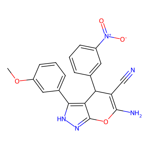 6-amino-3-(3-methoxyphenyl)-4-(3-nitrophenyl)-2,4-dihydropyrano[2,3-c]pyrazole-5-carbonitrile structure