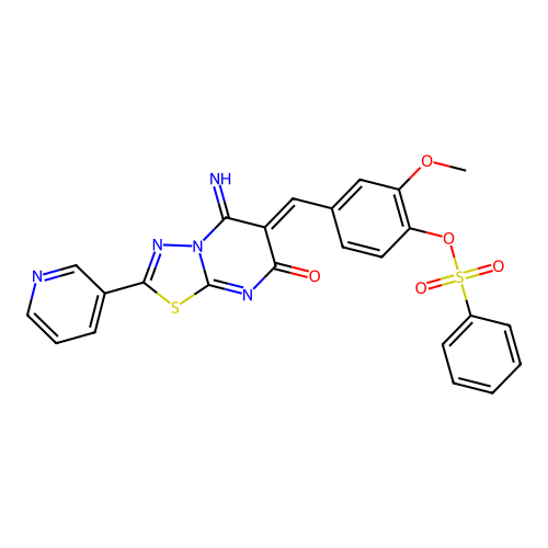 (Z)-4-((5-imino-7-oxo-2-(pyridin-3-yl)-5H-[1,3,4]thiadiazolo[3,2-a]pyrimidin-6(7H)-ylidene)methyl)-2-methoxyphenyl benzenesulfonate structure