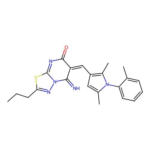 (6E)-6-[[2,5-dimethyl-1-(2-methylphenyl)pyrrol-3-yl]methylidene]-5-imino-2-propyl-[1,3,4]thiadiazolo[3,2-a]pyrimidin-7-one structure