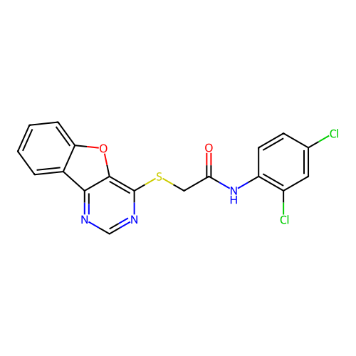 2-([1]benzofuro[3,2-d]pyrimidin-4-ylsulfanyl)-N-(2,4-dichlorophenyl)acetamide structure