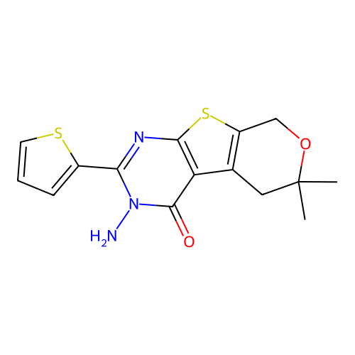 3-amino-6,6-dimethyl-2-(thiophen-2-yl)-3,5,6,8-tetrahydro-4H-pyrano[4',3':4,5]thieno[2,3-d]pyrimidin-4-one structure