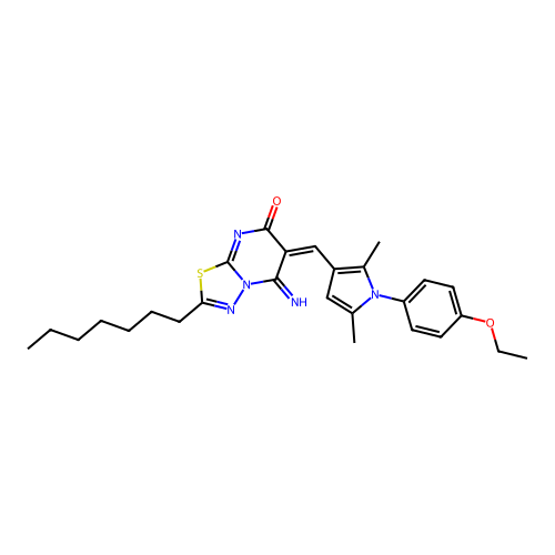 (E)-6-((1-(4-ethoxyphenyl)-2,5-dimethyl-1H-pyrrol-3-yl)methylene)-2-heptyl-5-imino-5H-[1,3,4]thiadiazolo[3,2-a]pyrimidin-7(6H)-one structure