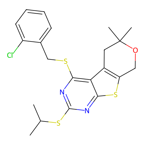 4-((2-chlorobenzyl)thio)-2-(isopropylthio)-6,6-dimethyl-6,8-dihydro-5H-pyrano[4',3':4,5]thieno[2,3-d]pyrimidine structure