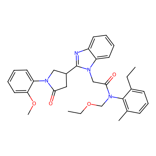 N-(ethoxymethyl)-N-(2-ethyl-6-methylphenyl)-2-(2-(1-(2-methoxyphenyl)-5-oxopyrrolidin-3-yl)-1H-benzo[d]imidazol-1-yl)acetamide structure