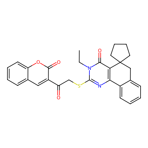 3-ethyl-2-((2-oxo-2-(2-oxo-2H-chromen-3-yl)ethyl)thio)-3H-spiro[benzo[h]quinazoline-5,1'-cyclopentan]-4(6H)-one structure