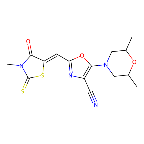 (Z)-5-(2,6-dimethylmorpholino)-2-((3-methyl-4-oxo-2-thioxothiazolidin-5-ylidene)methyl)oxazole-4-carbonitrile structure