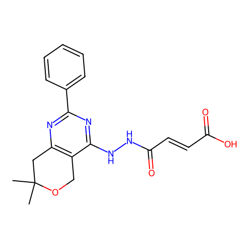 (2E)-4-[2-(7,7-dimethyl-2-phenyl-7,8-dihydro-5H-pyrano[4,3-d]pyrimidin-4-yl)hydrazinyl]-4-oxobut-2-enoic acid structure