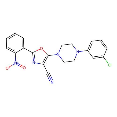 5-[4-(3-chlorophenyl)piperazin-1-yl]-2-(2-nitrophenyl)-1,3-oxazole-4-carbonitrile structure
