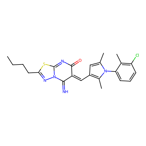 (6Z)-2-butyl-6-[[1-(3-chloro-2-methylphenyl)-2,5-dimethylpyrrol-3-yl]methylidene]-5-imino-[1,3,4]thiadiazolo[3,2-a]pyrimidin-7-one structure