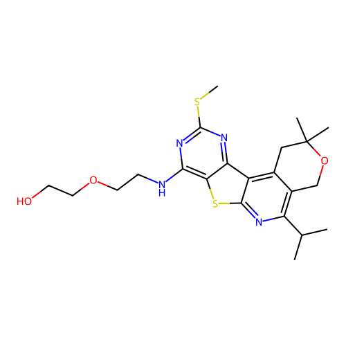 2-(2-((5-isopropyl-2,2-dimethyl-10-(methylthio)-2,4-dihydro-1H-pyrano[4'',3'':4',5']pyrido[3',2':4,5]thieno[3,2-d]pyrimidin-8-yl)amino)ethoxy)ethanol structure